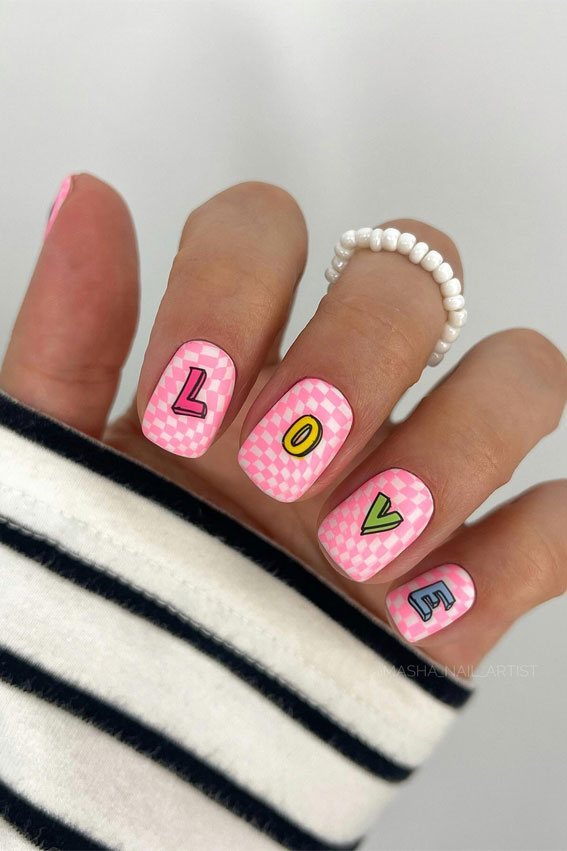 Valentine’s Day Nail Art Collection : Love Letters Pink Gingham Nails