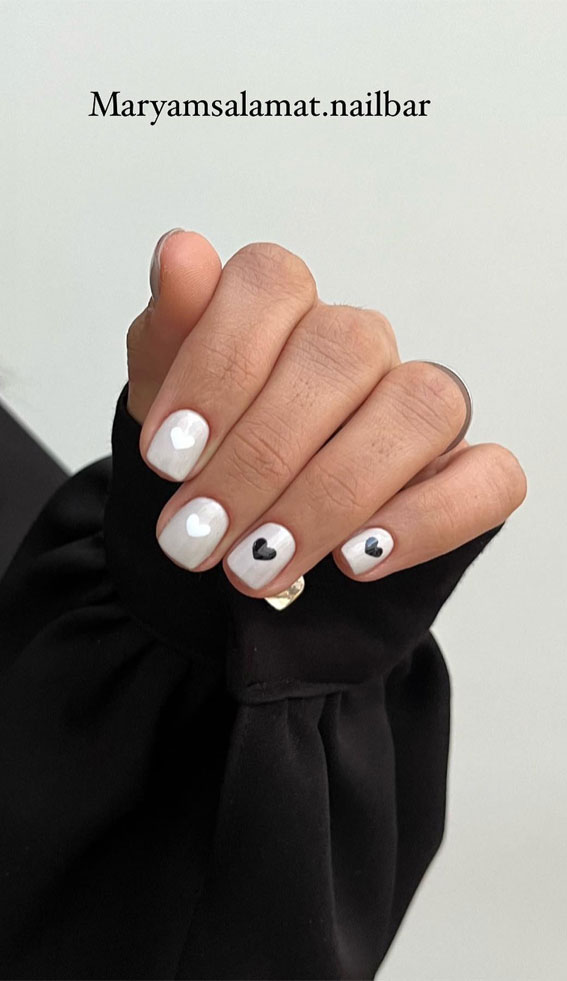 Valentine’s Day Nail Art Collection : Black & White Heart Neutral Nails
