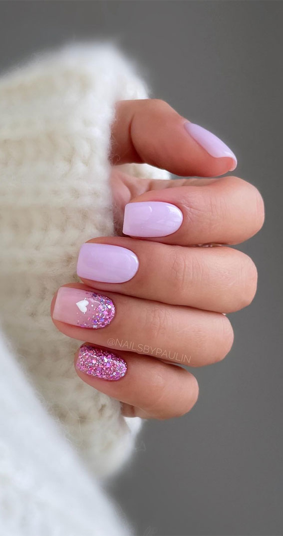 Valentine’s Day Nail Art Collection : Glittery Lilac Heart Nails