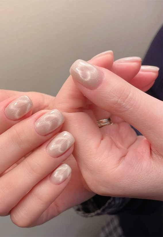 30+ Love-Inspired Nail Aesthetics : Shimmery Blurry Heart Nude Nails
