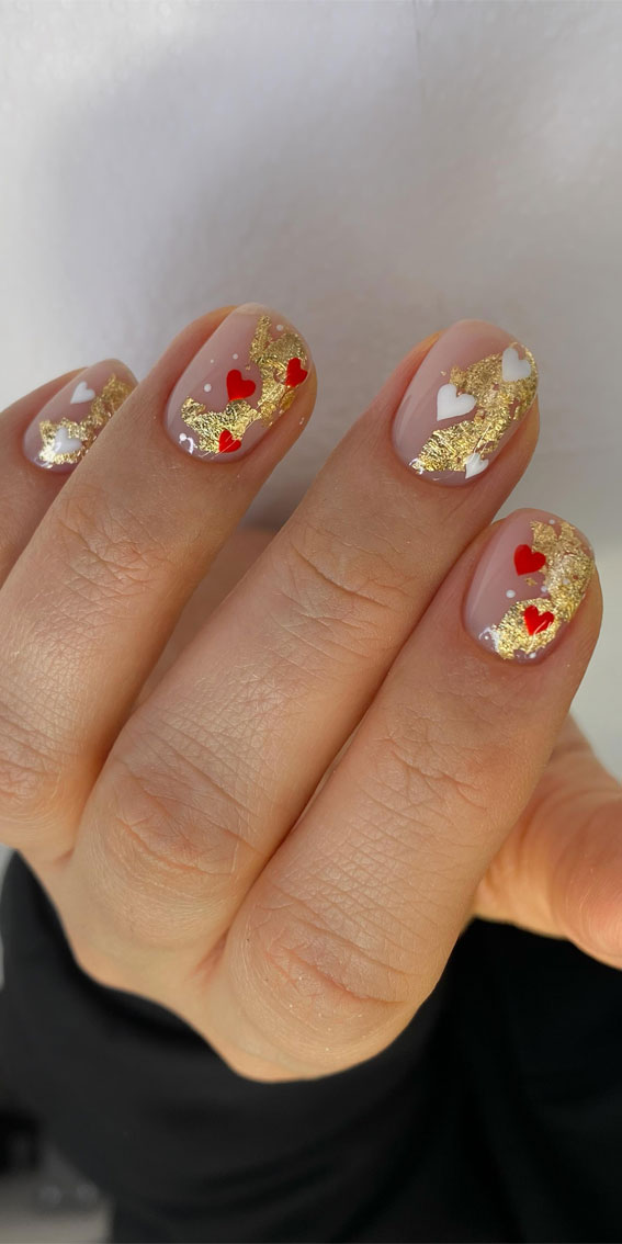 30+ Love-Inspired Nail Aesthetics : Gold Foil + Red & White Hearts