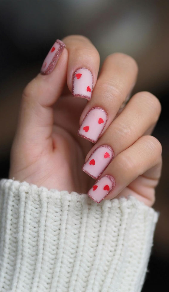 30+ Love-Inspired Nail Aesthetics : Red Hearts with Glitter Pink Border Nails