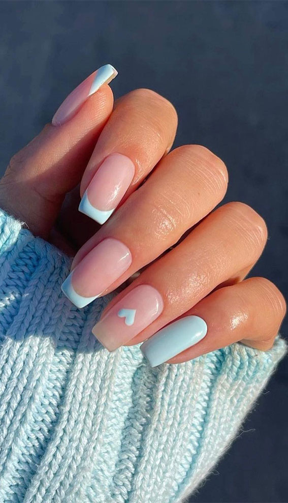 25 Gorgeous Blue Nails : Baby Blue Love Heart + French Tips