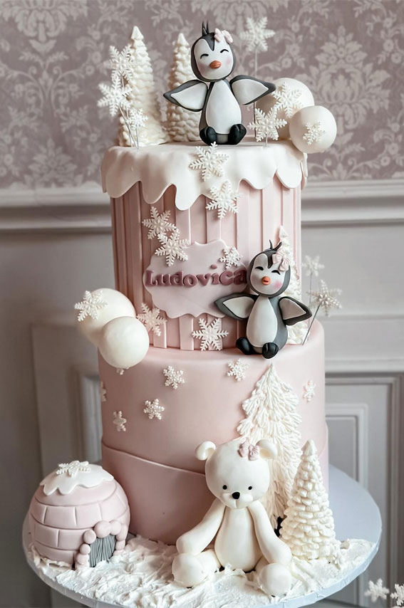 30 Birthday Cake Ideas for Little Ones : Winter Theme Pink Cake