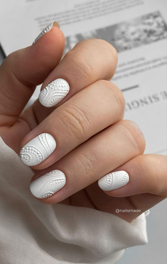 Unleash Your Style with These 40 Cute Nail Ideas : Modern Textured White Oval Nails