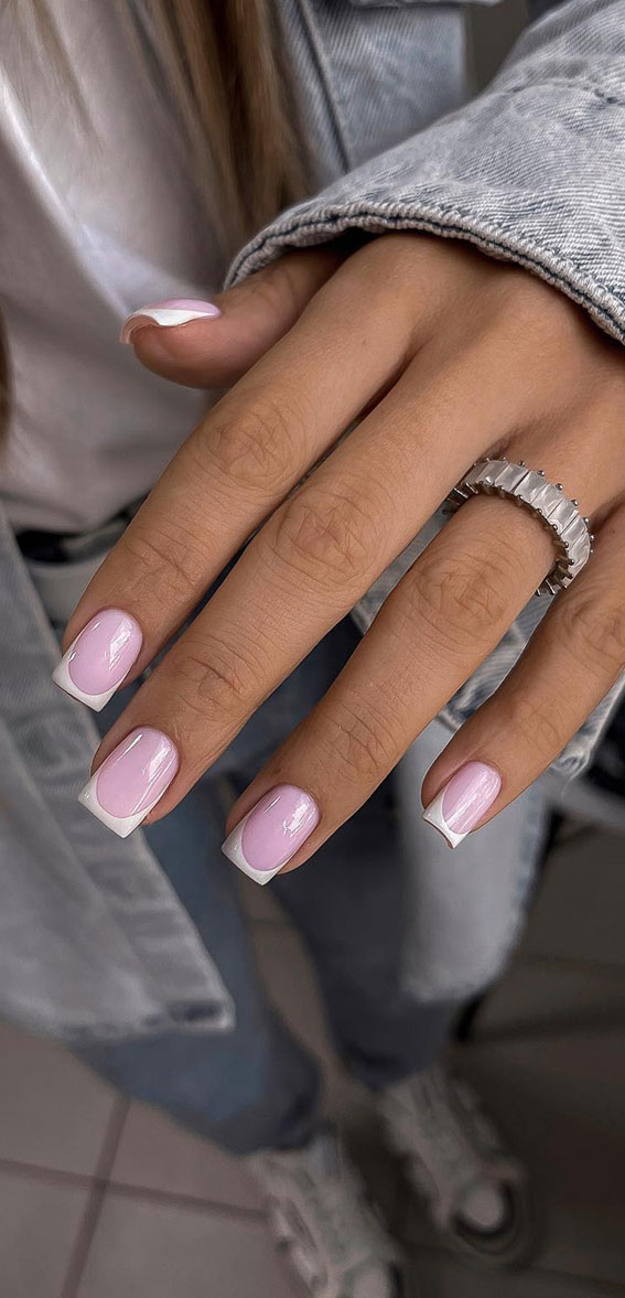 Unleash Your Style with These 40 Cute Nail Ideas : Classic French Soft Pink Short Nails