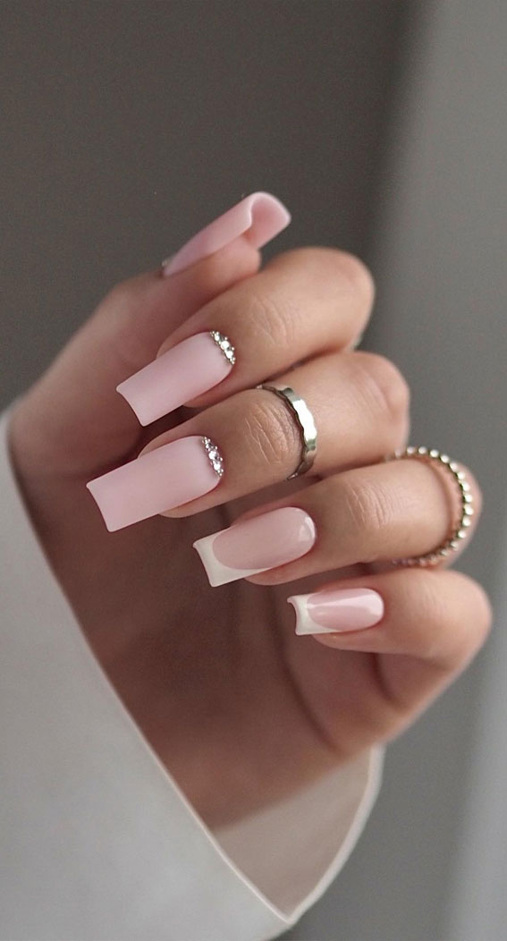 Unleash Your Style with These 40 Cute Nail Ideas : White Tips + Rhinestone Cuffs