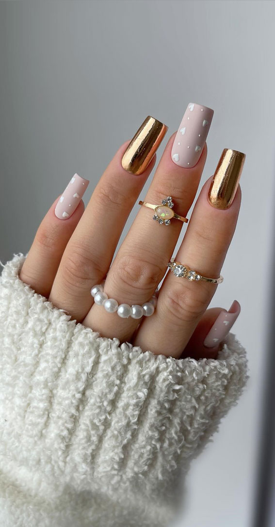 Unleash Your Style with These 40 Cute Nail Ideas : Love Heart Matte Pink + Gold Chrome
