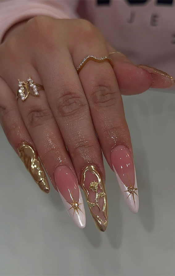 Unleash Your Style with These 40 Cute Nail Ideas : Mismatch Gold Rose Pointy Nails