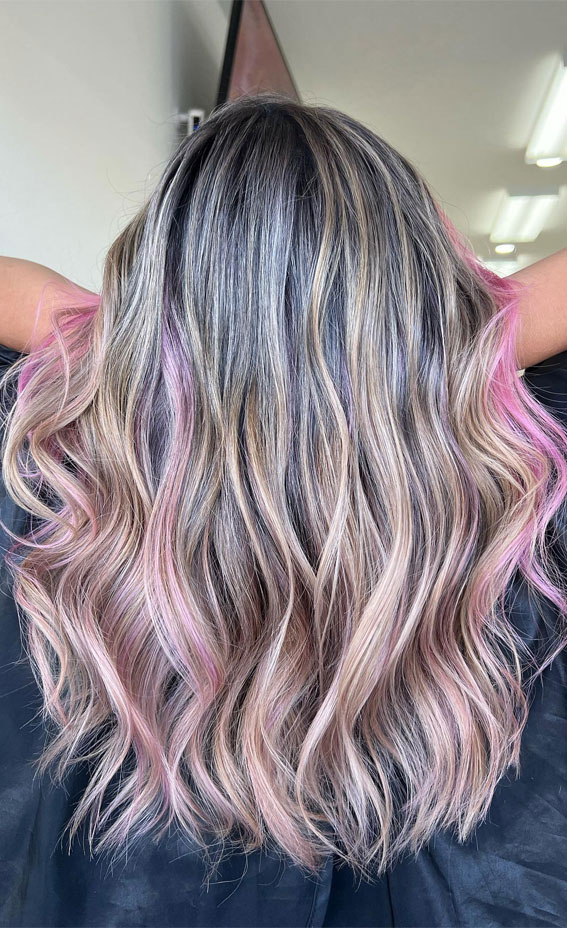 Inspired Chromatic Charisma Hair Colour Ideas for Every Season : Blonde Balayage with a Touch of Pink