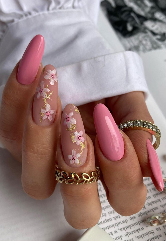 42 Cute Spring Nail Art Inspirations : Pink Floral + Pink Almond Nails