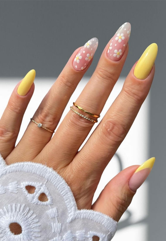 42 Cute Spring Nail Art Inspirations : Yellow Nails + Daisy on Sheer Nails