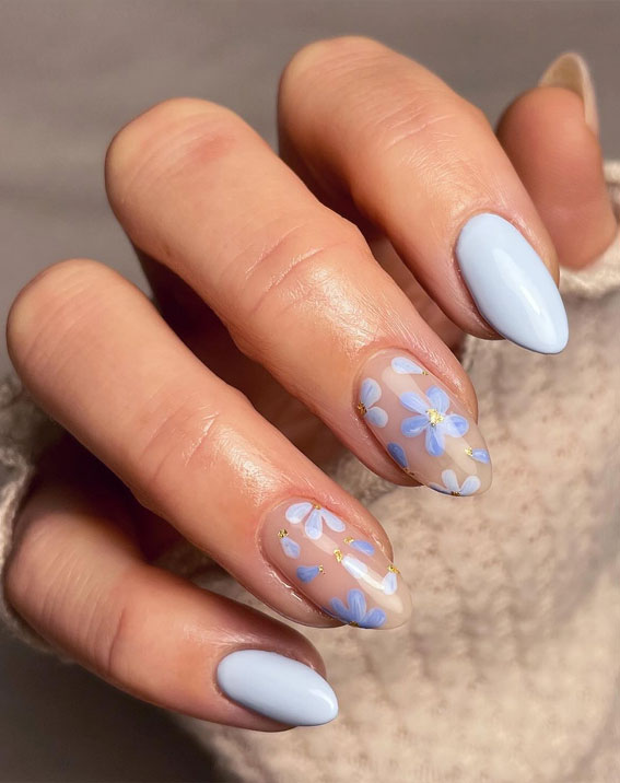 42 Cute Spring Nail Art Inspirations : Blue Floral Clear Nails