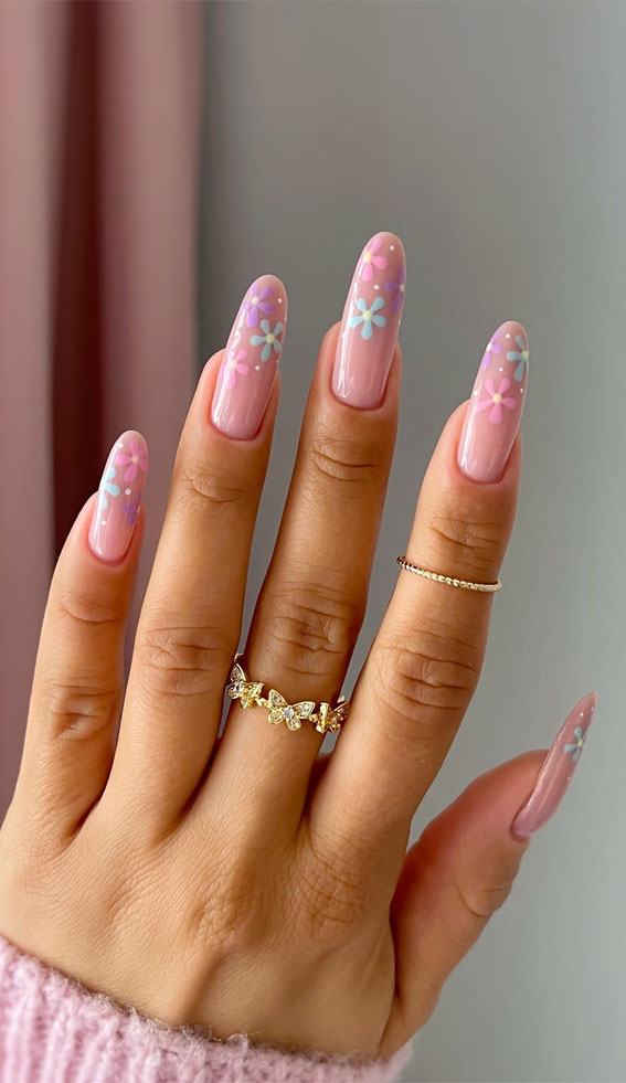 42 Cute Spring Nail Art Inspirations : Pastel Floral Pink Almond Nails