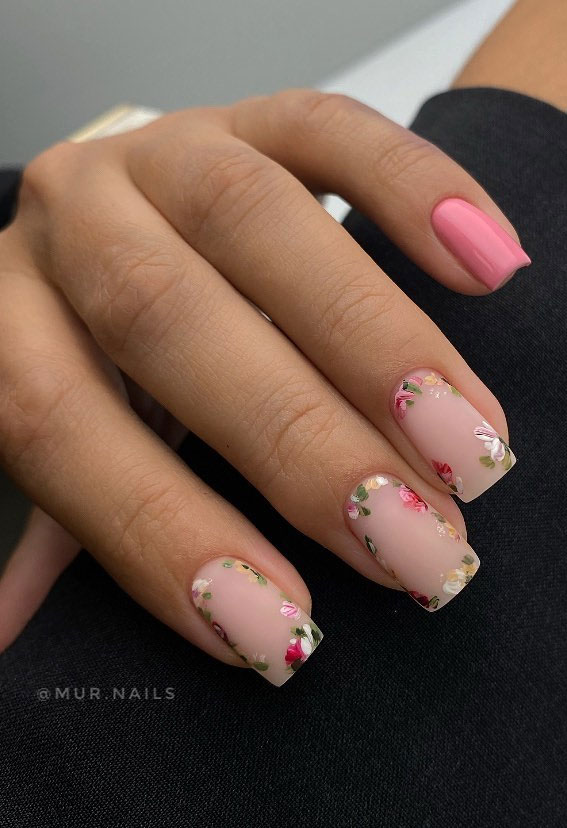 42 Cute Spring Nail Art Inspirations : Floral Border Matte Nails