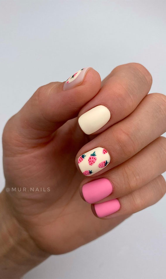 42 Cute Spring Nail Art Inspirations : Pink Strawberry Matte Short Nails