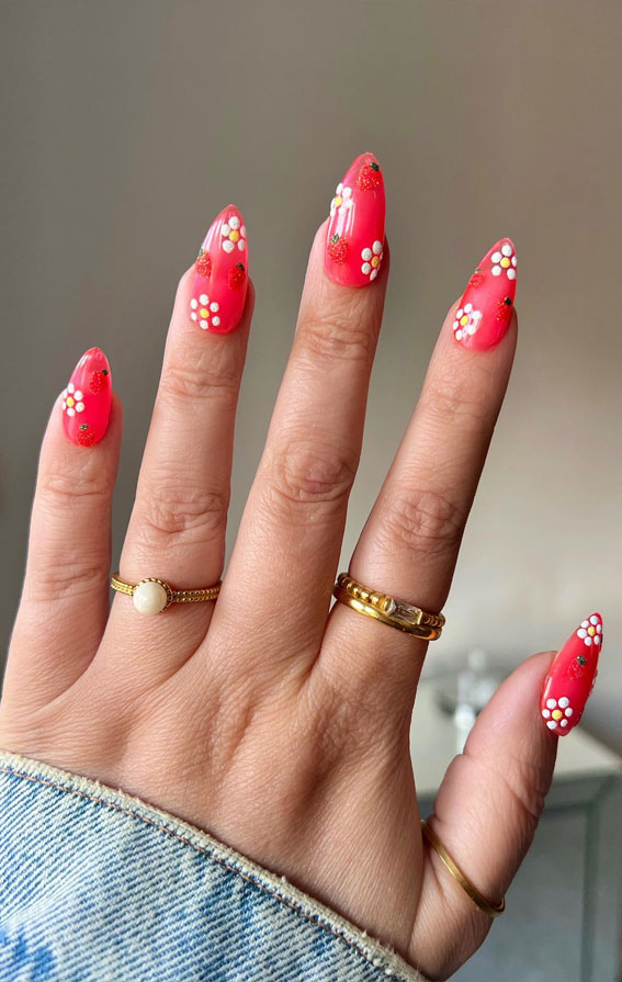 42 Cute Spring Nail Art Inspirations : Floral & Strawberry Nails
