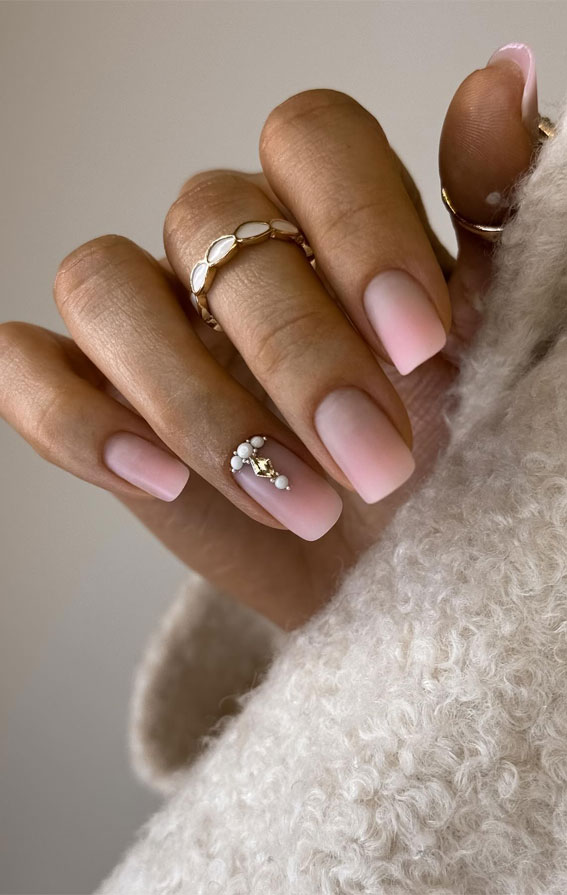 42 Cute Spring Nail Art Inspirations : Simple Ombre Nails with Rhinestone Cuff