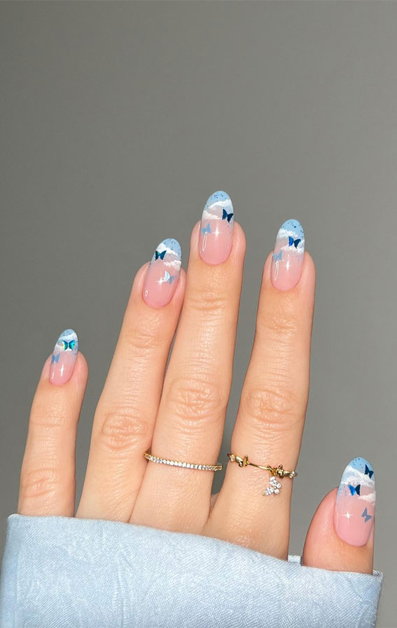 42 Cute Spring Nail Art Inspirations : Blue Butterflies + Blue Sky Nails