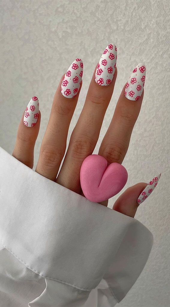 42 Cute Spring Nail Art Inspirations : Red Floral White Background Nails