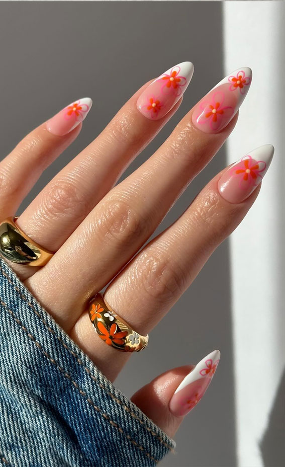 42 Cute Spring Nail Art Inspirations : White French Tips with Floral Pattern