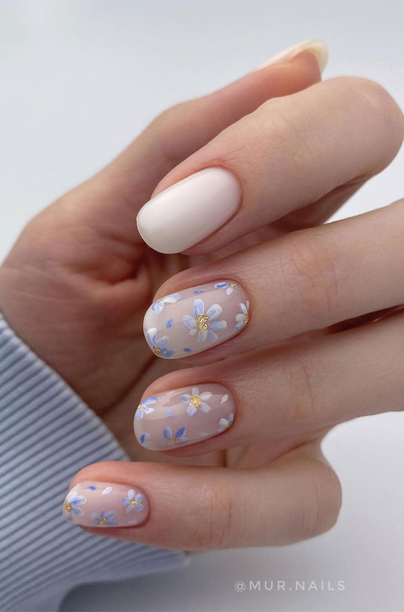 42 Cute Spring Nail Art Inspirations : Blue Floral Sheer Nails