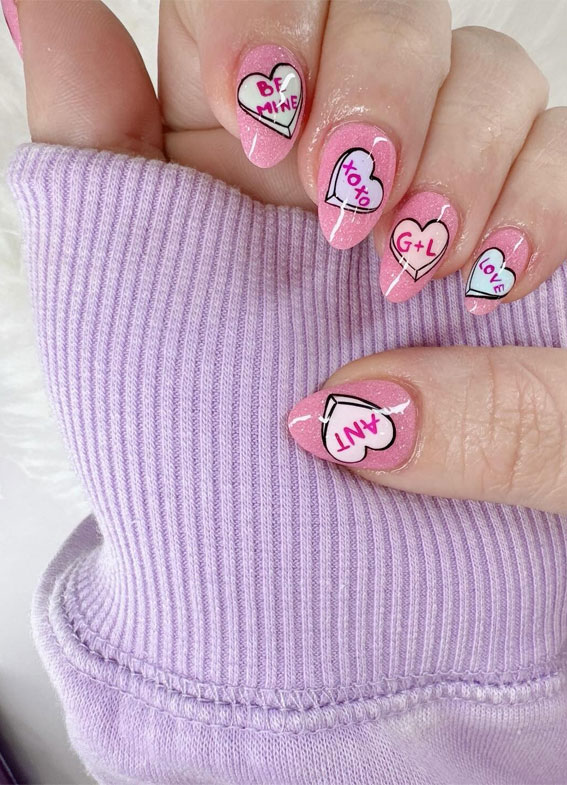 30+ Love-Inspired Nail Aesthetics : Candy Heart Shimmery Pink Nails