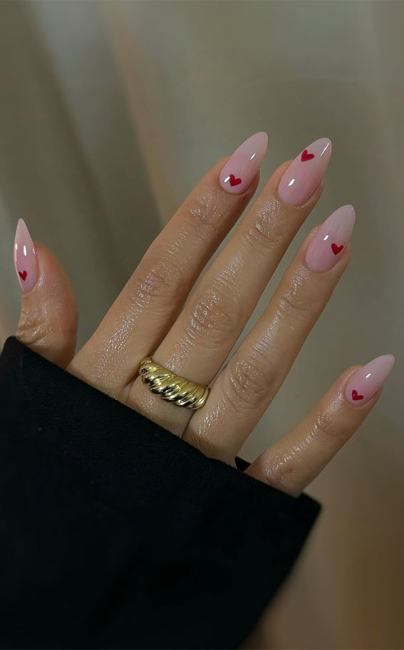 30+ Love-Inspired Nail Aesthetics : Red Heart Ombre Pink Almond Nails