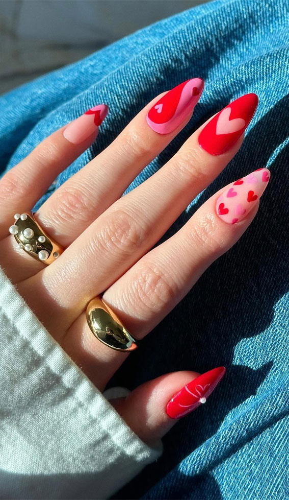 30+ Love-Inspired Nail Aesthetics : Mix n Match Pink & Red Nails