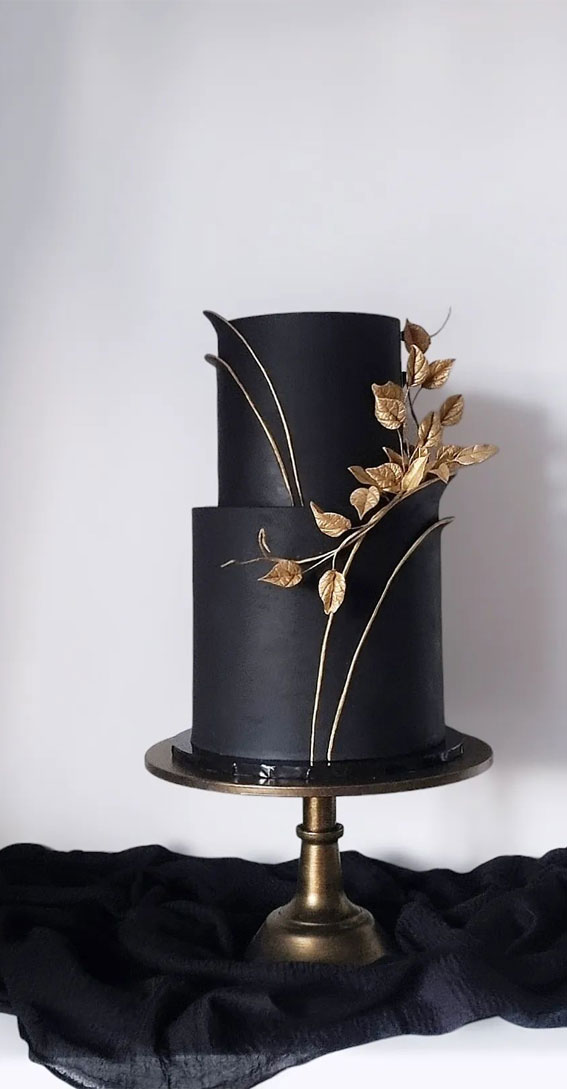 45 Inspiring Wedding Cake Designs For Your Big Day : Black and Gold Leaf Two-Tier Wedding Cake