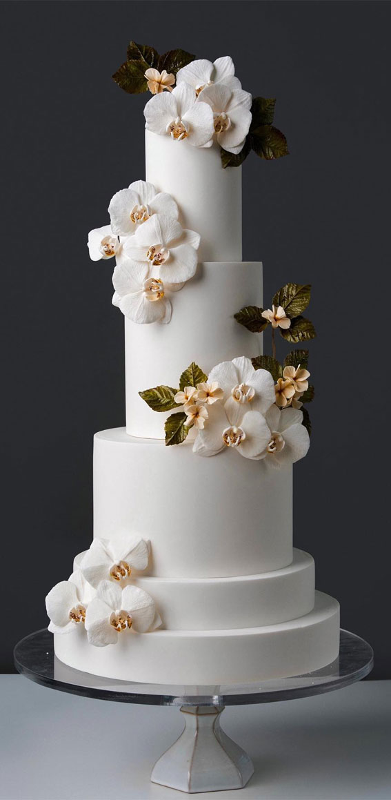 45 Inspiring Wedding Cake Designs For Your Big Day : Handcrafted Sugar Orchid White Wedding Cake