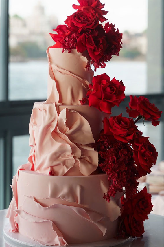 45 Inspiring Wedding Cake Designs For Your Big Day :  Wedding Cake with Cascading Red Florals