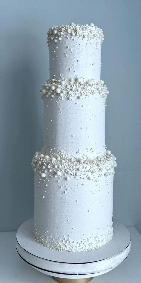 45 Inspiring Wedding Cake Designs For Your Big Day : Pearl Elegant Three-Tier White Wedding Cake