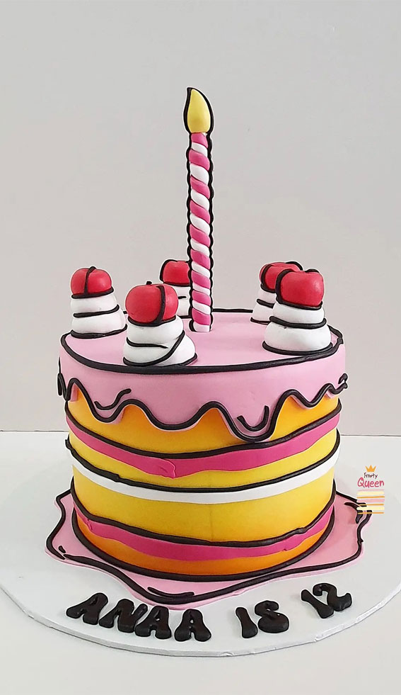50 Birthday Cake Ideas to Delight and Impress : Pink & Yellow Comic Cake for 12th Birthday