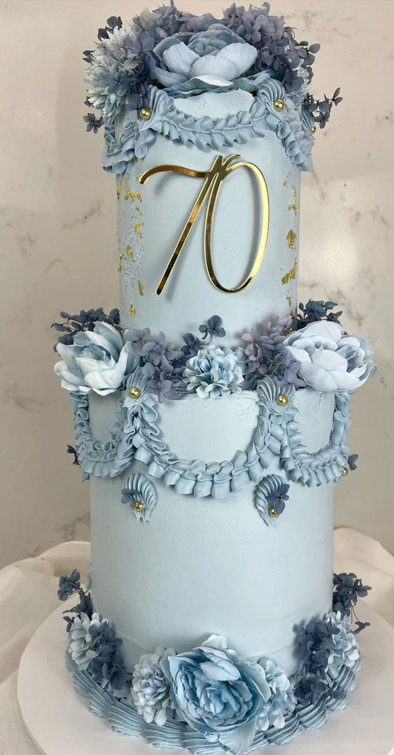 50 Birthday Cake Ideas to Delight and Impress : Baby Blue Elegant Cake for 70th Birthday