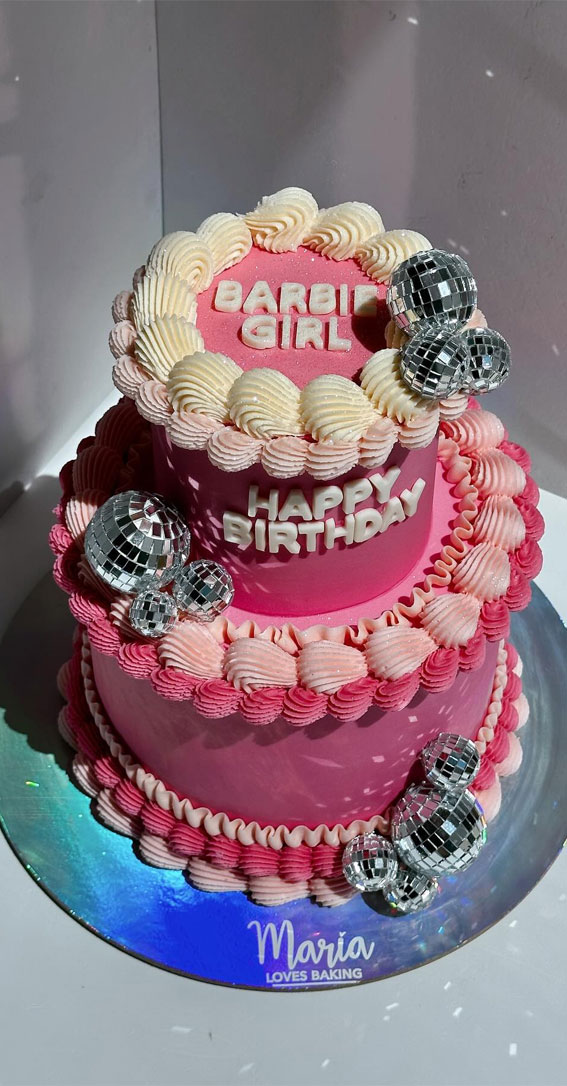 50 Birthday Cake Ideas to Delight and Impress : Pink Buttercream Two Tier Disco Cake