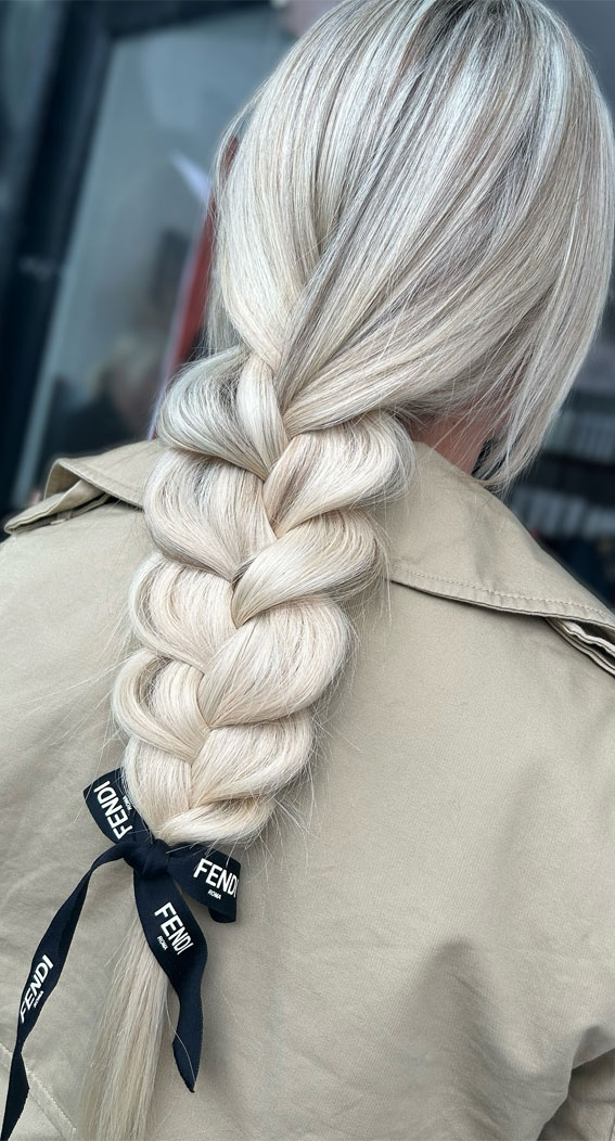 30+Adorable Hairstyles for the Latest Trends : Braid Platinum Hair with Fendi Bow