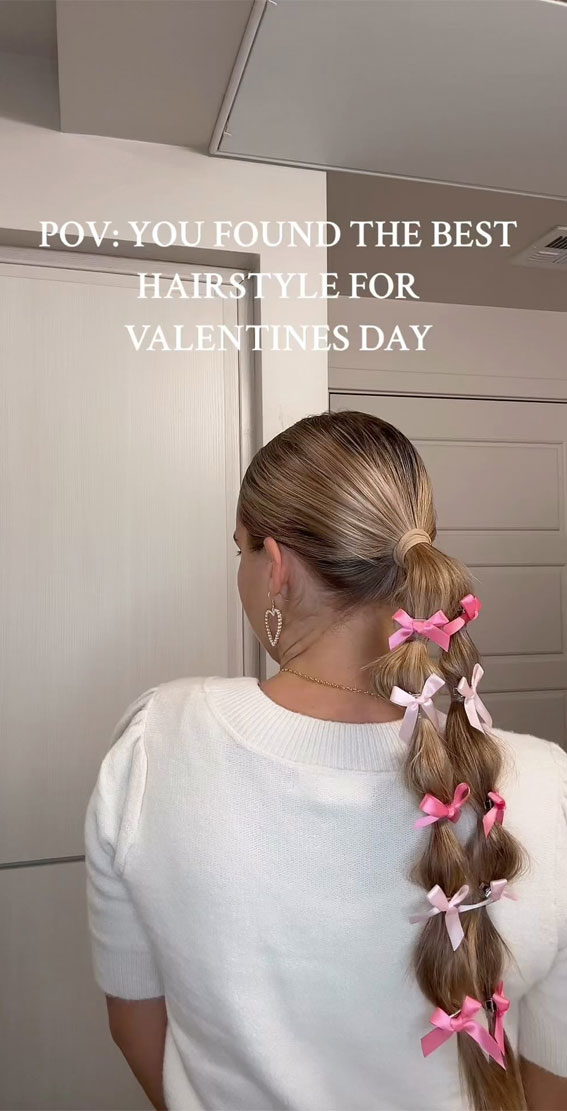 30+Adorable Hairstyles for the Latest Trends : Bubble Braids with Shades of Pink Bows