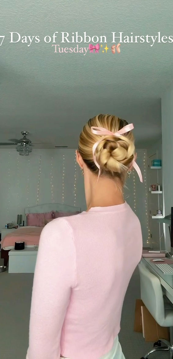 30+Adorable Hairstyles for the Latest Trends : Slicked Back Braided Bun with Bow
