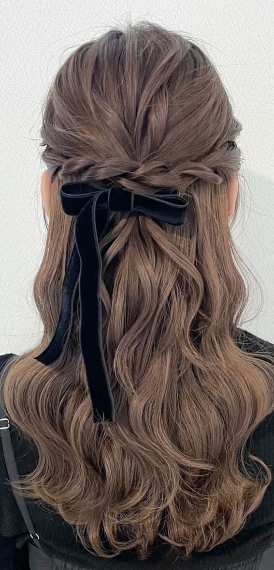 30+Adorable Hairstyles for the Latest Trends : Twisted Half Up with Velvet Bow