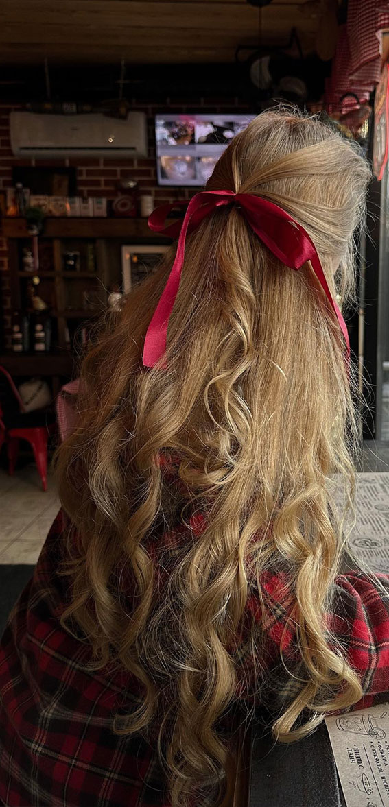 30+Adorable Hairstyles for the Latest Trends : Half Up with Red Bow Winter Hairstyle