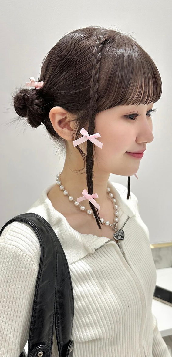 30+Adorable Hairstyles for the Latest Trends : Small Buns with Side Braids with Bows
