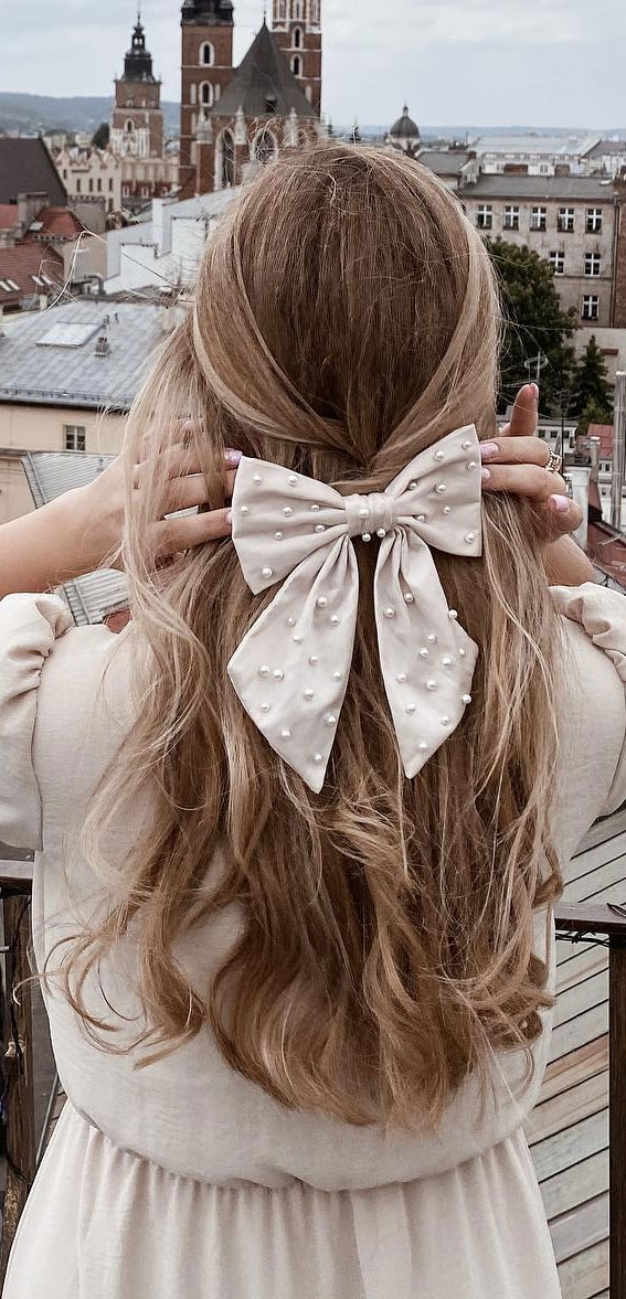 30+Adorable Hairstyles for the Latest Trends : Half Up with Big Bow Pearls