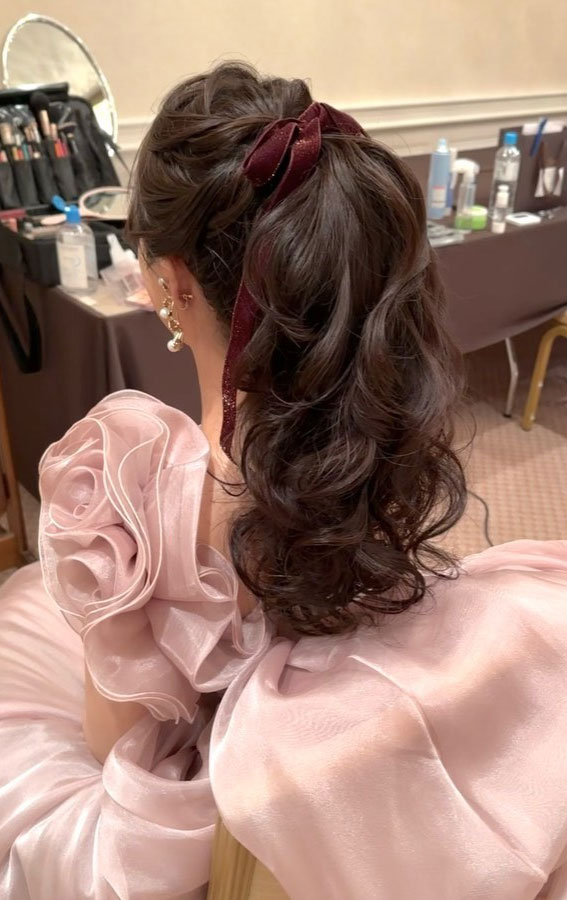 30+Adorable Hairstyles for the Latest Trends : Voluminous Ponytail with Velvet Bow