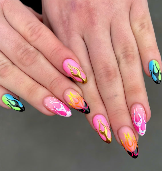40 Spring Nail Ideas To Brighten Your Look : Flame Fusion Mismatch Nail Design