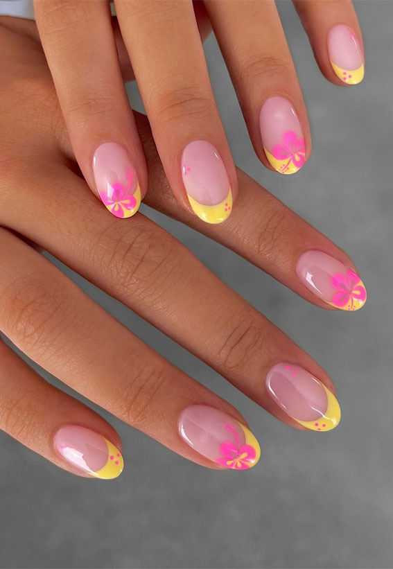 40 Spring Nail Ideas To Brighten Your Look : Hibiscus Flowers + Yellow French Tips