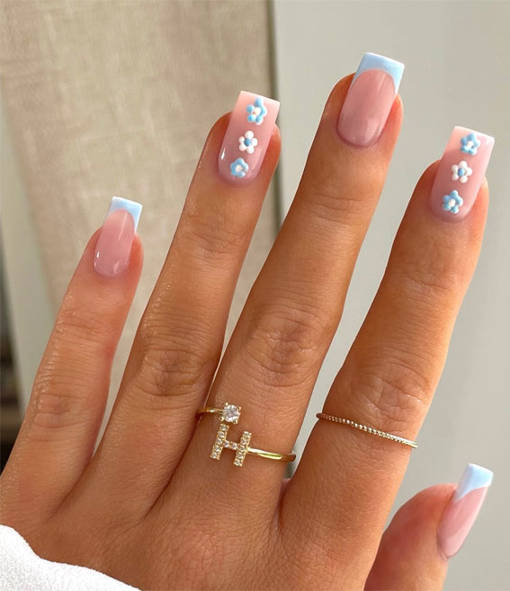 40 Spring Nail Ideas To Brighten Your Look : Baby Blue French Tips + Flowers