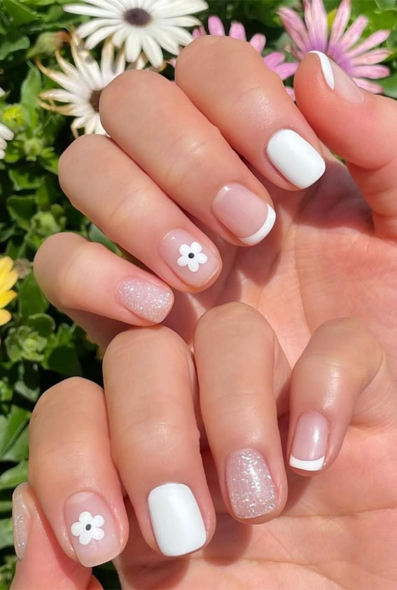 40 Spring Nail Ideas To Brighten Your Look : White Daisy + White Tip Nails