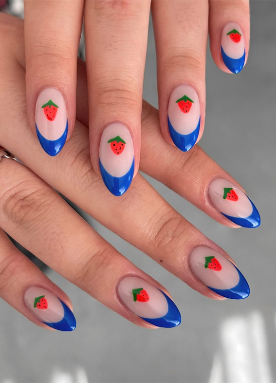 40 Spring Nail Ideas To Brighten Your Look : Royal Blue Tips with Little Strawberries