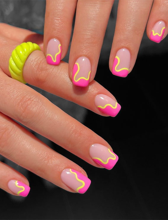 40 Spring Nail Ideas To Brighten Your Look : Pink & Yellow Abstract Tips
